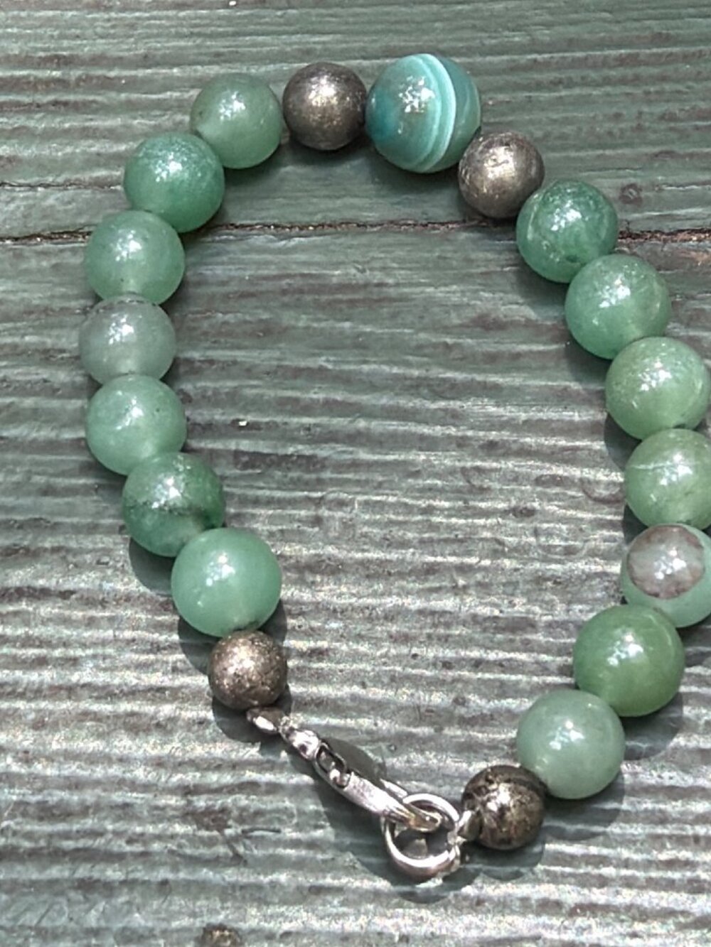 Vintage Green Nephrite Silver Tone Bead Bracelet Lobster Clasp 6.25" Estate